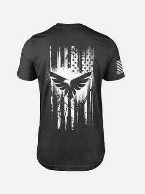 Heather dark grey Freedom Flag t-shirt with text on the back on a patriotic shirt by FreedomBuilt